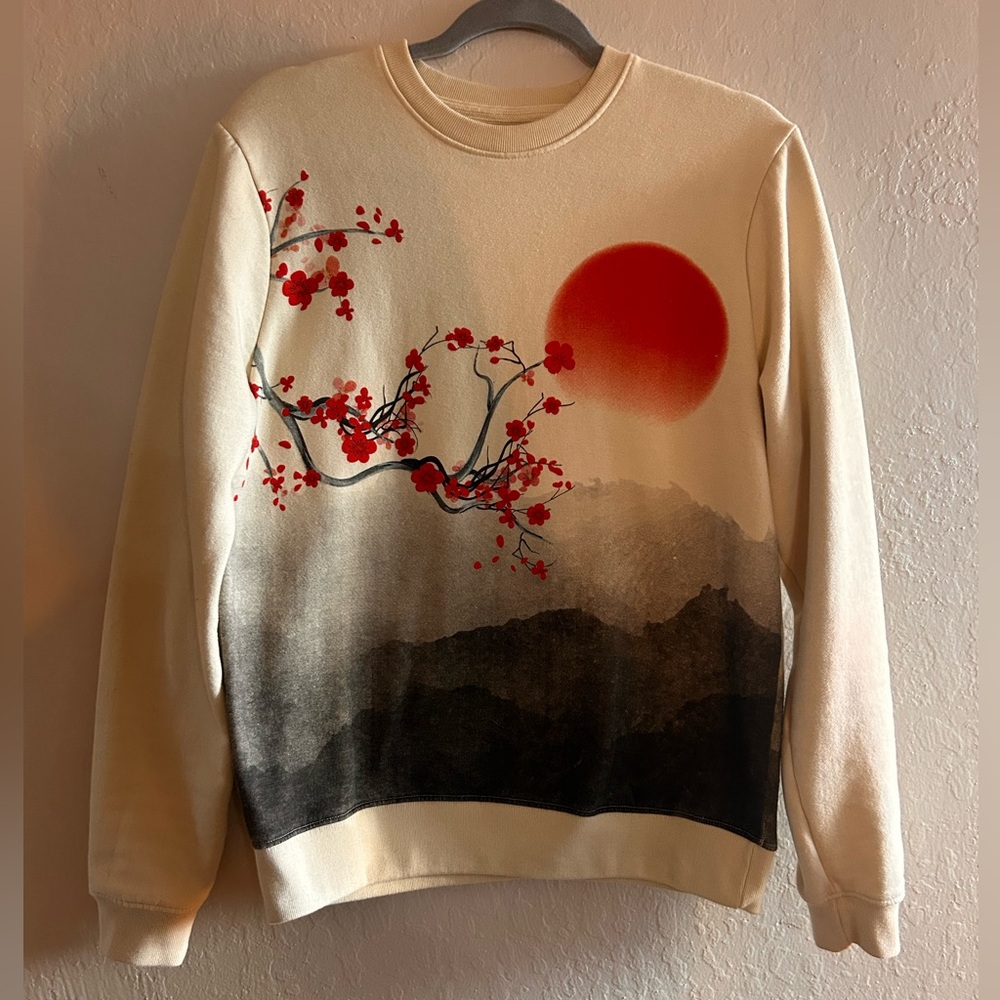 Sakura Sun Japanese Style Painting Print Cream Sweatshirt